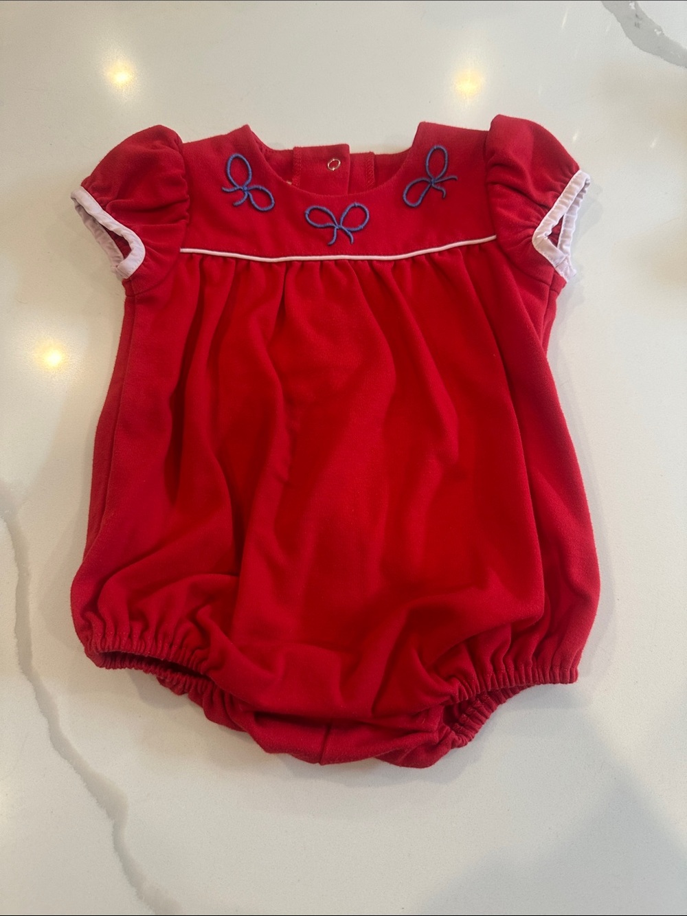 Beaufort Bonnet Red Baby Bubble Romper with Bow Embroidery